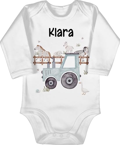 Baby Body langarm Mädchen Junge - Bauernhof Traktor Tiere mit Namen Landwirtschaftlicher Tiermotiv Bauernhoftieren - 6/12 Monate - Weiß - traktoren trecker strampler bulldog traktormotiv babybody von Geschenk mit Namen personalisiert by Shirtracer