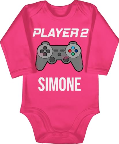 Baby Body langarm Mädchen Junge - Gaming - Player 2 Controller Spieler Zwei Zocker Gamer Daddeln Partner Partnerin Geschenk - 3/6 Monate - Fuchsia - zocken game name für von Geschenk mit Namen personalisiert by Shirtracer