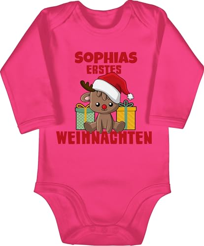 Baby Body langarm Mädchen Junge - Geschenke - Erstes Weihnachten mit Name - 3/6 Monate - Fuchsia - weihnachtsbody christmas 1. strampler chrismas outfit weihnachts first langarmbody mein von Geschenk mit Namen personalisiert by Shirtracer