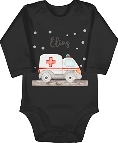 Baby Body langarm Mädchen Junge - Krankenwagen mit Name personalisiert I Blaulicht Geschenk Rettungsdienst I Rettungswagen I Ambulanz I Rettungsauto - 3/6 Monate - Schwarz - ambulance rettung von Geschenk mit Namen personalisiert by Shirtracer