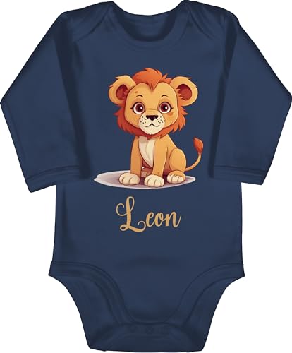 Baby Body langarm Mädchen Junge - Löwen - Löwe König der Tiere Leu mit Namen - Zootiere Tiermotiv - 3/6 Monate - Navy Blau - löwenmotiv leon langarmbody tier name lion leo lions loewen löwe. von Geschenk mit Namen personalisiert by Shirtracer