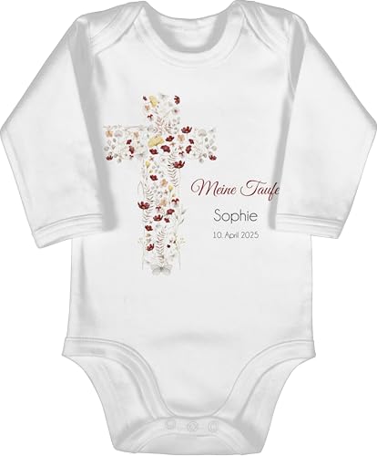 Baby Body langarm Mädchen Junge - Meine Taufe Blumenkreuz | Tauf Geschenk | Taufgeschenk | Geschenke für die Taufe | Patenkind zur Taufe Geschenke - 6/12 Monate - Weiß - konfirmation taufe￼ von Geschenk mit Namen personalisiert by Shirtracer