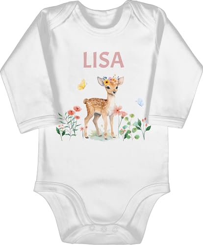 Baby Body langarm Mädchen Junge - Reh mit Name personalisiert I Rehkitz I Rehe - 3/6 Monate - Weiß - tier und strampler tiere blumen kinder tieren waldtiere personalisierte personalisierter von Geschenk mit Namen personalisiert by Shirtracer