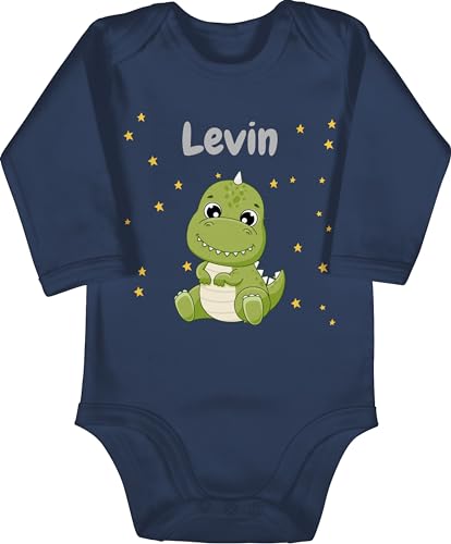 Baby Body langarm Mädchen Junge - Süßer Dino Dinosaurier Dinosaurus Dinomotiv - 3/6 Monate - Navy Blau - tier jungen tieren kinder saurier dinosaur name personalisierte dinosaurs personalisierter von Geschenk mit Namen personalisiert by Shirtracer