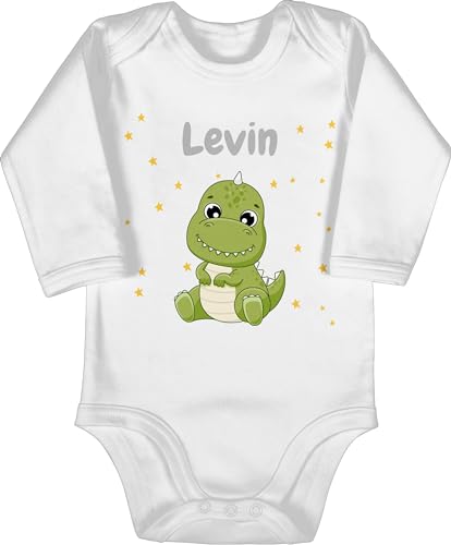 Baby Body langarm Mädchen Junge - Süßer Dino Dinosaurier Dinosaurus Dinomotiv - 3/6 Monate - Weiß - tier jungen tieren kinder saurier dinosaur name personalisierte dinosaurs personalisierter und von Geschenk mit Namen personalisiert by Shirtracer