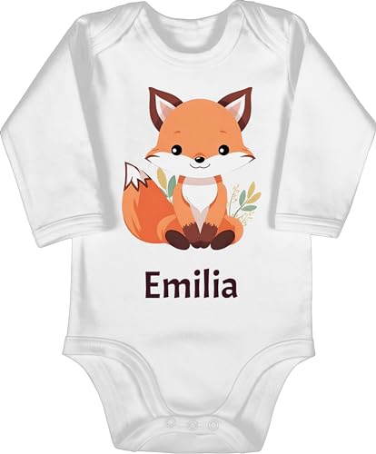 Baby Body langarm Mädchen Junge - Süßer Fuchs Geschenk mit Name personalisiert I Wildtiere I Raubtier I Fox - 3/6 Monate - Weiß - +mit+fuchs fuchsmotiv strampler personalisieren babykleidung von Geschenk mit Namen personalisiert by Shirtracer