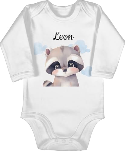 Baby Body langarm Mädchen Junge - Süßer Waschbär personalisiert I Geschenk für Kinder mit Name I Waschbär Kindermotiv I Waschbären Geschenk Ideen I Raccoons - 6/12 Monate - Weiß - waschbaer von Geschenk mit Namen personalisiert by Shirtracer