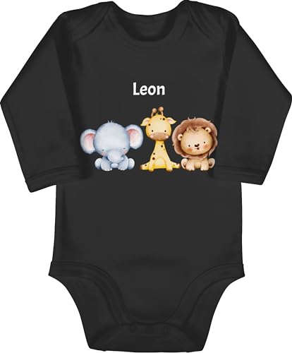 Baby Body langarm Mädchen Junge - Tiere - Safaritiere mit Name - Elefant Giraffe Löwe - 3/6 Monate - Schwarz - waldtiere personalisierte geschenke strampler tier tieren personalisieren dino von Geschenk mit Namen personalisiert by Shirtracer