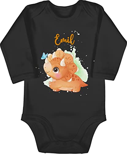 Baby Body langarm Mädchen Junge - Tiere - Saurier mit Name personalisiert I Geschenk Dinosaurier I Urzeittier I Dinos I Dino - 12/18 Monate - Schwarz - waldtiere personalisierte geschenke von Geschenk mit Namen personalisiert by Shirtracer