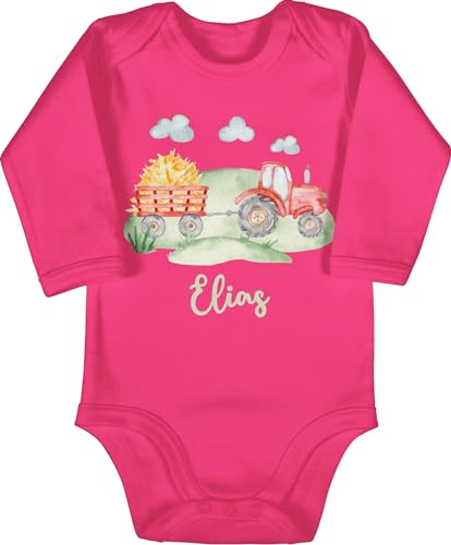 Baby Body langarm Mädchen Junge - Traktor Trecker Bauer Schlepper Landwirtschaft Bulldog - 3/6 Monate - Fuchsia - traktoren und name strampler tractors motiv babybody traktorfans geschirr landwirt von Geschenk mit Namen personalisiert by Shirtracer
