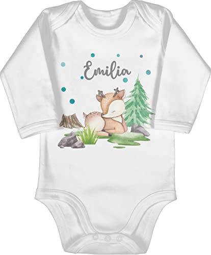 Baby Body langarm Mädchen Junge - Reh mit Name personalisiert I Rehlein I Rehkitz I Waldtier - 3/6 Monate - Weiß - tier waldtiere bodies tiere personalisierte tieren personalisierter rehe von Geschenk mit Namen personalisiert by Shirtracer
