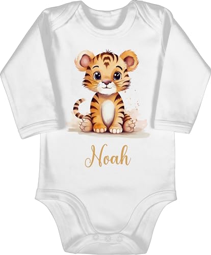 Baby Body langarm Mädchen Junge - Zootiere - Tiger - 12/18 Monate - Weiß - tiger, personalisierte babybody tiermotiv langarmbody tigermotiv 100% cotton tigerbaby bodies name langarmbodys und von Geschenk mit Namen personalisiert by Shirtracer