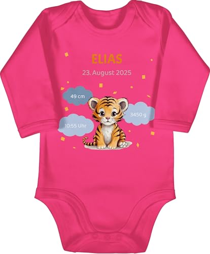 Baby Body langarm Mädchen Junge - Geschenk personalisiert mit Geburtsdaten I Geschenke zur Geburt Daten - 3/6 Monate - Fuchsia - personalisierte babykleidung geburtsgeschenk namen, uhrzeit, von Geschenk mit Namen personalisiert by Shirtracer