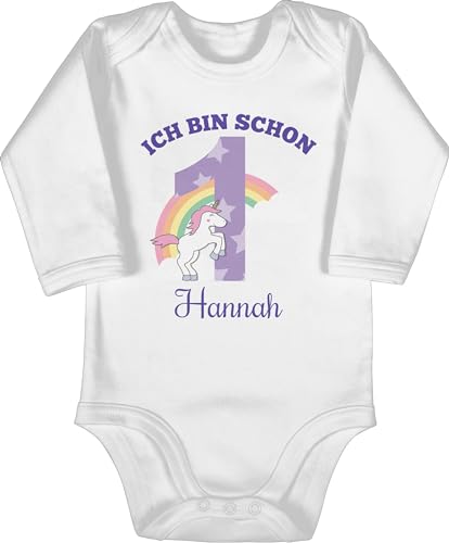 Baby Body langarm Mädchen Junge - 1. - Ich bin schon 1 - Einhorn Unicorn Fabelwesen - Erster Geburtstag - 12/18 Monate - Weiß - zum personalisierte geschenke baby+personalisierte+geschenke jahr von Geschenk mit Namen personalisiert by Shirtracer