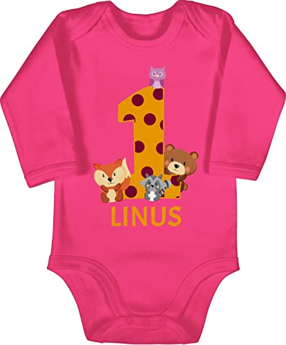 Baby Body langarm Mädchen Junge - 1. Geburtstag - Waldtiere - 1 Jahr - 12/18 Monate - Fuchsia - geschenke für 1jahrige bodys outfit 1.geburtstag name jungen einjährigen ehretag langarmshirt von Geschenk mit Namen personalisiert by Shirtracer