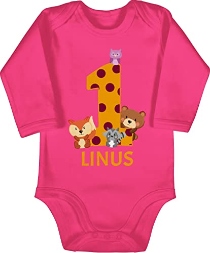 Baby Body langarm Mädchen Junge - Waldtiere 1 Jahr I 1. Geburtstag - 12/18 Monate - Fuchsia - geschenke für einjährige outfit 1.geburtstag one babybody geburtstagsoutfit jungen 1st birthday bear von Geschenk mit Namen personalisiert by Shirtracer