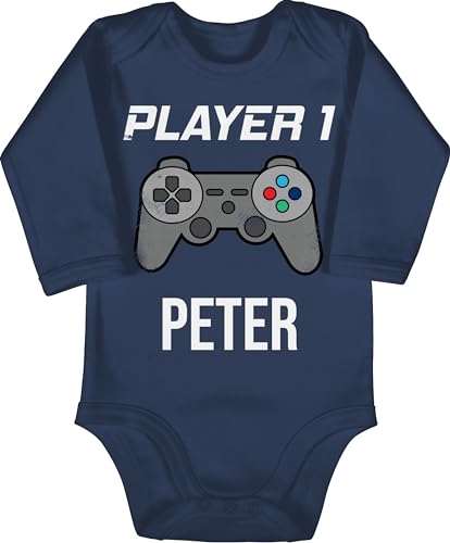 Baby Body langarm Mädchen Junge - Gaming - Player 1 Controller Spieler Eins Zocker Gamer Daddeln Partner Partnerin Geschenk - 3/6 Monate - Navy Blau - zocken babybody strampler von Geschenk mit Namen personalisiert by Shirtracer