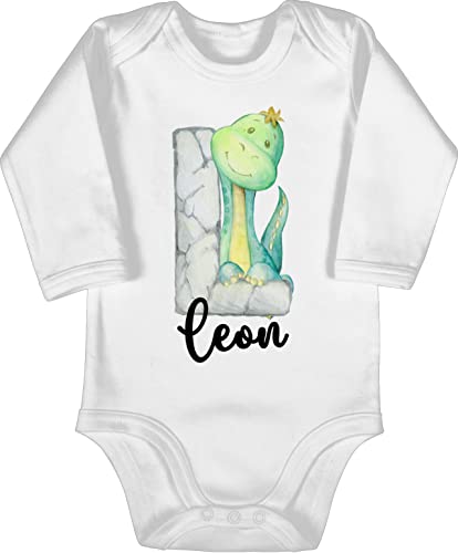 Baby Body langarm Mädchen Junge - Name Initialen Anfangsbuchstabe - Dinos Dinosaurier Dino Buchstabe - 3/6 Monate - Weiß - babykleidung anfangsbuchstaben buchstaben bodys alphabet von Geschenk mit Namen personalisiert by Shirtracer