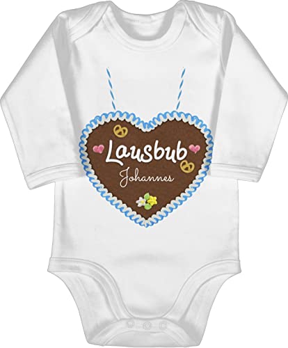 Baby Body langarm Mädchen Junge - Kompatibel Oktoberfest - Lausbub - Lebkuchenherz und Dein Name - 12/18 Monate - Weiß - lausbua strampler tracht lebkuchenherzen babybody bayrischer abend von Geschenk mit Namen personalisiert by Shirtracer