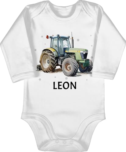 Baby Body langarm Mädchen Junge - Trecker Name I Trecker Fan I Traktor Geschenk personalisiert I Geschenk Landwirt - 3/6 Monate - Weiß - traktoren leon babybody bulldog bauer strampler von Geschenk mit Namen personalisiert by Shirtracer