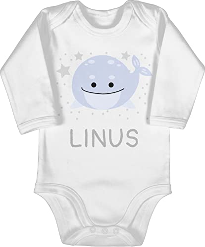 Baby Body langarm Mädchen Junge - Wal Bild und Dein Name - 3/6 Monate - Weiß - babystrampler personalisierter bodys für baby-mädchen strampler lang langärmlig jungen babybody personalisiertes von Geschenk mit Namen personalisiert by Shirtracer