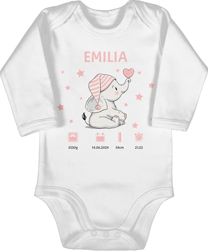 Baby Body langarm Mädchen Junge - Elefant Geburtsdaten mit Name personalisiert I Geschenk zur Geburt - 3/6 Monate - Weiß - für gerade geboren personalisierte babykleidung geburtsgeschenk babybody von Geschenk mit Namen personalisiert by Shirtracer