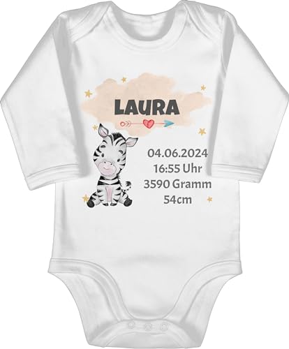 Baby Body langarm Junge - Zur Geburt - Zebra Geburtsdaten - Mädchen Datum Gewicht Uhrzeit Größe - 3/6 Monate - Weiß - neugeboren babybody neugeborenen strampler für jungen von Geschenk mit Namen personalisiert by Shirtracer