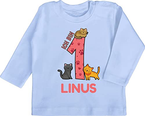 Baby Langarmshirt - Ich Bin 1 Name und lustige Katzen I Geschenk zum ersten Geburtstag I 1. Geburtstag - 6/12 Monate - Babyblau - geburtstagskleidung mädchen Jahr First Birthday Girl Outfit von Geschenk mit Namen personalisiert by Shirtracer