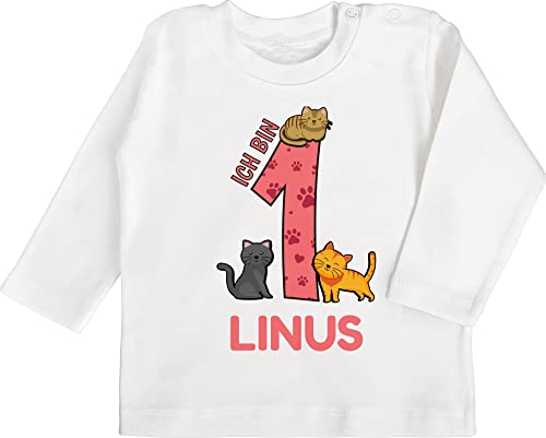 Baby Langarmshirt - Ich Bin 1 Name und lustige Katzen I Geschenk zum ersten Geburtstag I 1. Geburtstag - 6/12 Monate - Weiß - geburtstagskleidung mädchen Jahr First Birthday Girl Outfit von Geschenk mit Namen personalisiert by Shirtracer