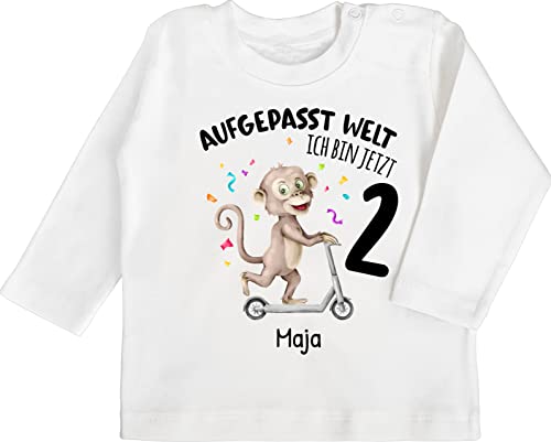 Baby Langarmshirt - 2. Geburtstag - Aufgepasst Welt Ich Bin jetzt 2 AFFE - 18/24 Monate - Weiß - Name Geburtstags t Shirt Zwei Schon Tshirt Langarm Jahre 2.Geburtstag t-Shirt Junge geburtstagsshirt von Geschenk mit Namen personalisiert by Shirtracer