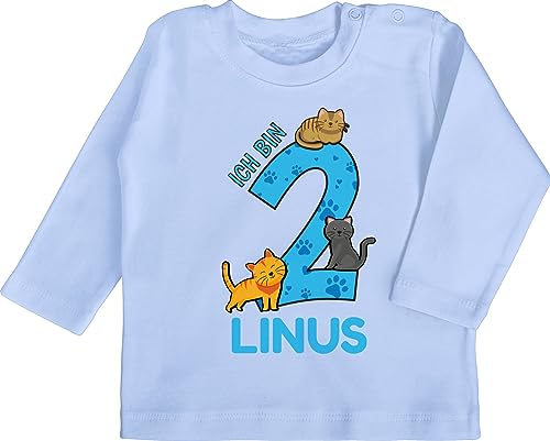 Baby Langarmshirt - 2. Geburtstag - Ich Bin 2 - Name und lustige Katzen Bilder zum Zweiten - 18/24 Monate - Babyblau - geburtstagsshirt Jahre mädchen Langarm Geburtstags t Shirt Zwei jetzt t-Shirt von Geschenk mit Namen personalisiert by Shirtracer