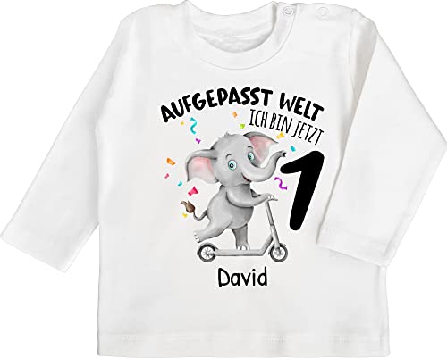 Baby Langarmshirt - 1. Geburtstag - Ich Bin jetzt 1 - Aufgepasst Welt - 18/24 Monate - Weiß - Geschenke für 1-jährige Shirt Langarm zum Junge Outfit 1.Geburtstag Name Shirts Jahr babysachen ab von Geschenk mit Namen personalisiert by Shirtracer