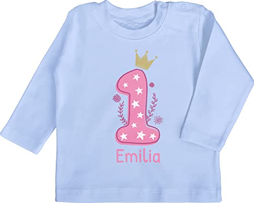 Baby Langarmshirt - 1. Geburtstag - Ich Bin EINS - 12/18 Monate - Babyblau - 1 Outfit erstes Jahr t-Shirt mädchen Geburtstag. zum einjährigen ehretag Langarm Maedchen 1jahriger t Shirt von Geschenk mit Namen personalisiert by Shirtracer