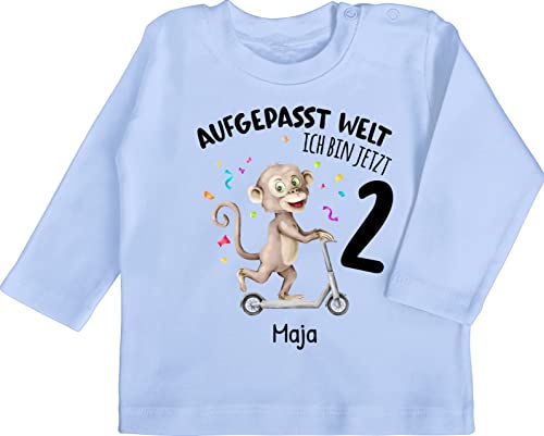 Baby Langarmshirt - 2. Geburtstag - Aufgepasst Welt Ich Bin jetzt 2 AFFE - 18/24 Monate - Babyblau - Name Shirt Langarm Jahre Junge 2.Geburtstag Schon t Shirts Tshirt und Babykleidung von Geschenk mit Namen personalisiert by Shirtracer