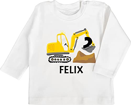 Baby Langarmshirt - 2. Geburtstag - Bagger mit Namen zum Zweiten - 18/24 Monate - Weiß - Langarm Tshirt 2 Jahre Geburtstags t Shirt Zwei Name babysachen Junge geburtstagsshirt 2.Geburtstag t-Shirt von Geschenk mit Namen personalisiert by Shirtracer