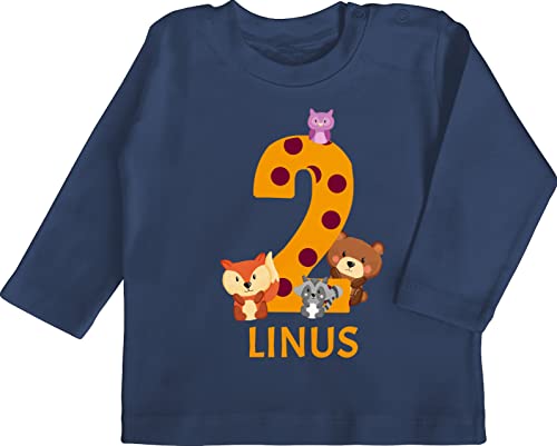 Baby Langarmshirt - 2. Geburtstag - Waldtiere - Bär Waschbär Fuchs Eule zum Zweiten - 18/24 Monate - Navy Blau - Shirt Langarm geburtstagsshirt 2 Jahre 2.Geburtstag Name Babykleidung Tshirt und von Geschenk mit Namen personalisiert by Shirtracer