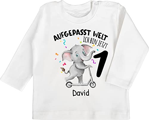 Baby Langarmshirt - 1. - Aufgepasst Welt ich Bin jetzt 1 Jahr alt I Erster Geburtstag - 12/18 Monate - Weiß - Custom Tshirt First Birthday Girl Outfit 1.Geburtstag 1st Shirt von Geschenk mit Namen personalisiert by Shirtracer