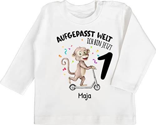 Baby Langarmshirt - 1. Geburtstag - Aufgepasst Welt - Ich Bin jetzt 1 - AFFE mit Name zum Ersten - 12/18 Monate - Weiß - Outfit Shirt Birthday 1.Geburtstag Junge Tshirt Jahr mädchen von Geschenk mit Namen personalisiert by Shirtracer