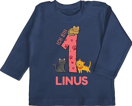 Baby Langarmshirt - 1. Geburtstag - Ich Bin 1 - Name und lustige Katzen Bilder zum Ersten - 12/18 Monate - Navy Blau - Tshirt Jahr Maedchen Outfit 1jahriger Shirt erster Geschenke für einjährigen von Geschenk mit Namen personalisiert by Shirtracer