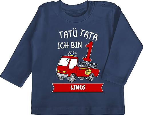 Baby Langarmshirt - 1. Geburtstag - Tatü Tata Ich bin 1 - Tatütata ich werde 1 Feuerwehrauto ist da - 12/18 Monate - Navy Blau - one year birthday outfit geschenke für 1jahrige jahr maedchen von Geschenk mit Namen personalisiert by Shirtracer