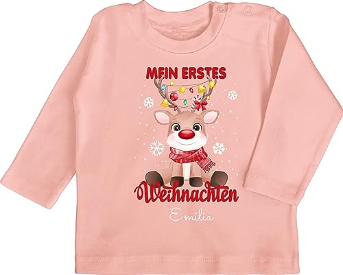 Baby Langarmshirt - Geschenke - Mein erstes Weihnachten - Wunschname - 6/12 Monate - Babyrosa - Weinachten First Christmas Shirt Langarm vor Name t-Shirt Frohe My t-Shirts personalisierte 1 zu von Geschenk mit Namen personalisiert by Shirtracer