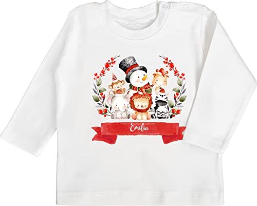 Baby Langarmshirt - Geschenke - Wasserfarben Tierchen mit Wunschname Weihnachten - 3/6 Monate - Weiß - Christmas Weihnachts weihnachtliche weinachts Weinachten weihnachtliches personalisierte Name von Geschenk mit Namen personalisiert by Shirtracer