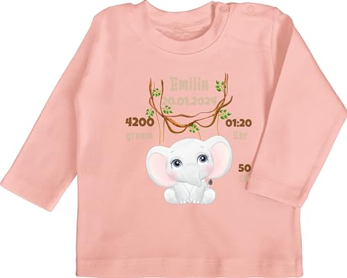 Baby Langarmshirt - Zur Geburt - Geburtsgeschenk Elefant Datum Gewicht Uhrzeit Größe - 3/6 Monate - Babyrosa - schwangerschaft verkünden babygeschenk pregnancy gift babygeschenke neugeborene von Geschenk mit Namen personalisiert by Shirtracer