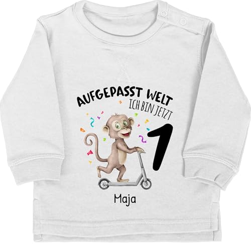 Baby Pullover Jungen Mädchen - 1. Geburtstag - Aufgepasst Welt - Ich Bin jetzt 1 - AFFE mit Name zum Ersten - 18/24 Monate - Grau meliert - Gifts for 1-Year-Old Girls eins Pullover. 1.Geburtstag von Geschenk mit Namen personalisiert by Shirtracer