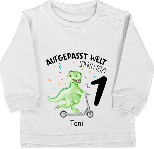 Baby Pullover Jungen Mädchen - Aufgepasst Welt Ich bin jetzt 1 Dino I 1. Geburtstag Dinosaurier - 18/24 Monate - Grau meliert - gifts for 1-year-old 1.geburtstag jährige langarm eins pullover. von Geschenk mit Namen personalisiert by Shirtracer