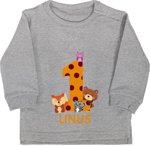 Baby Pullover Jungen Mädchen - Waldtiere 1 Jahr I 1. Geburtstag - 18/24 Monate - Grau meliert - personalisierter Gifts for 1-Year-Old 1.Geburtstag one Langarm geburtstagsoutfit Junge von Geschenk mit Namen personalisiert by Shirtracer