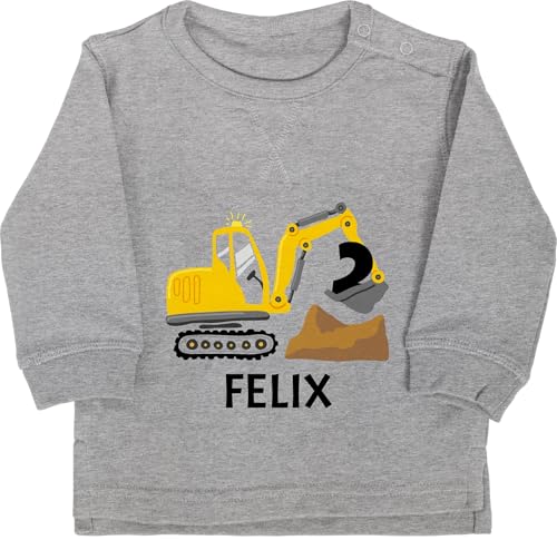 Baby Pullover Jungen Mädchen - 2. Geburtstag - Bagger mit Namen zum Zweiten - 12/18 Monate - Grau meliert - Geburtstags 2 Zwei Name Pulli 2.Geburtstag Jahre Babykleidung 2ter Langarm Mein von Geschenk mit Namen personalisiert by Shirtracer