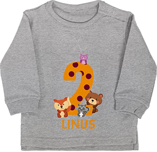 Baby Pullover Jungen Mädchen - 2. Geburtstag - Waldtiere - Bär Waschbär Fuchs Eule zum Zweiten - 18/24 Monate - Grau meliert - Name 2 Jahre ich Bin Oberteil personalisierter Years Langarm und von Geschenk mit Namen personalisiert by Shirtracer