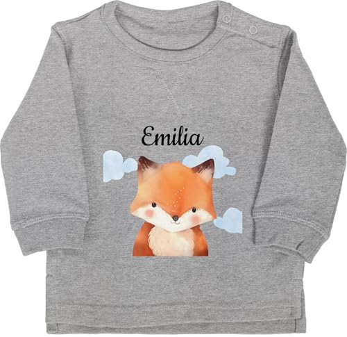 Baby Pullover Jungen Mädchen - Süßer Fuchs mit Name I Fuchsmotiv Geschenk für Kinder I Füchslein I Fox - 6/12 Monate - Grau meliert - +mit+Fuchs Pulli Personalisieren Sweatshirt füchse von Geschenk mit Namen personalisiert by Shirtracer