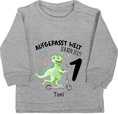 Baby Pullover Jungen Mädchen - 1. Geburtstag - Aufgepasst Welt - Ich bin jetzt 1 - Dino Dinosaurier - 12/18 Monate - Grau meliert - first birthday erstes jahr 1geburtstag einjährige von Geschenk mit Namen personalisiert by Shirtracer